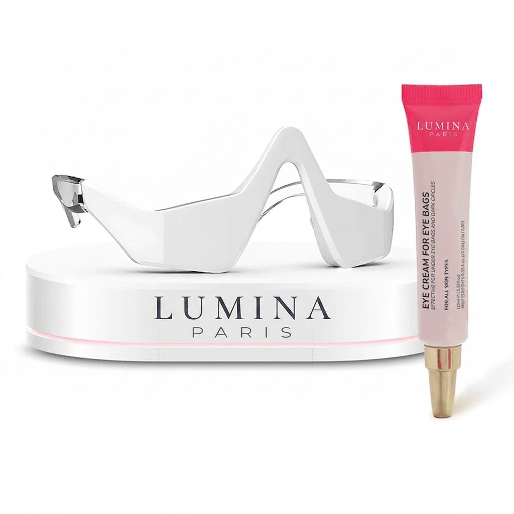 Appareil Lumina Paris sur son socle de présentation blanc, à côté de son tube de soin contour des yeux