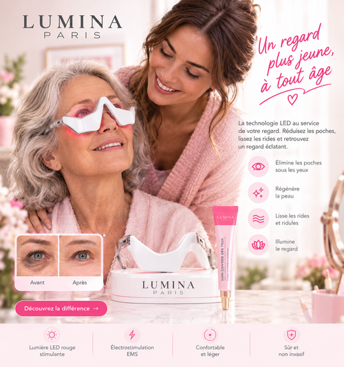 Appareil Lumina Paris LED rouge et EMS pour le contour des yeux, comparaison avant/après