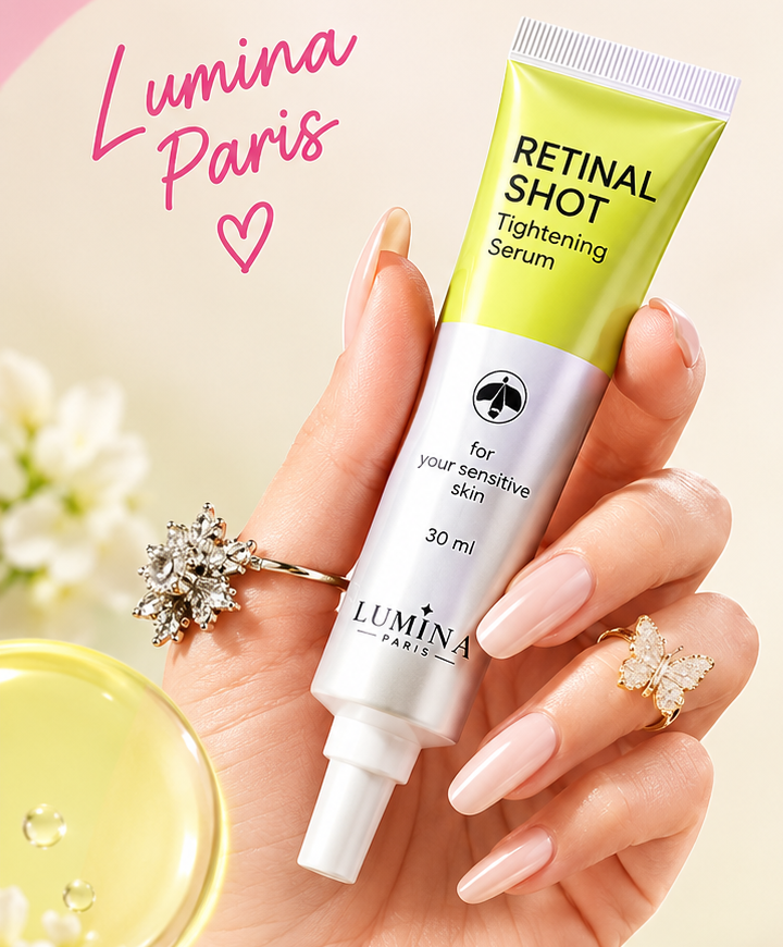 Sérum contour des yeux Lumina Paris, tube de 30 ml tenu en main