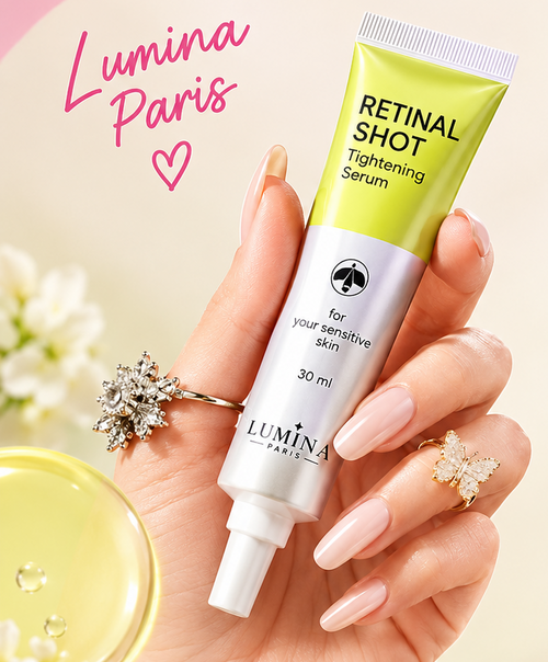 Sérum contour des yeux Lumina Paris, tube de 30 ml tenu en main